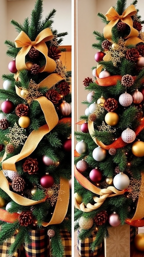 A split image of a rustic Christmas tree with burlap and wooden ornaments and a modern tree with metallic decorations.